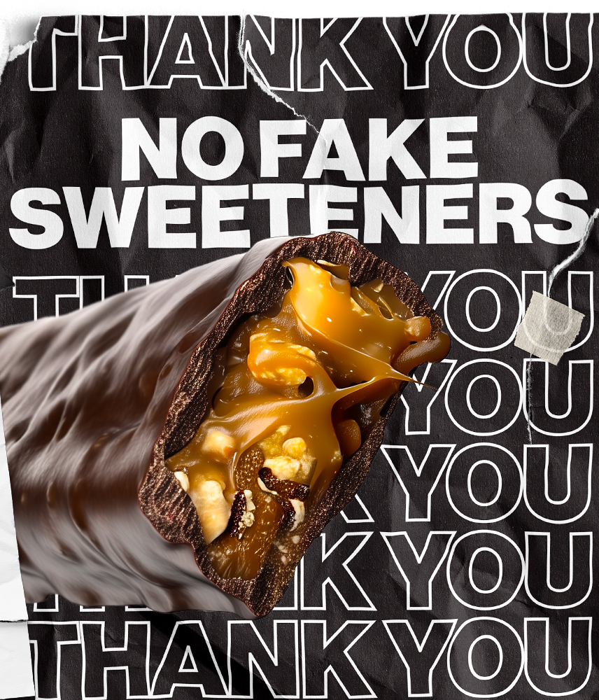Almond Horchata candy bar with 'No Fake Sweeteners' and 'Thank You' text overlay