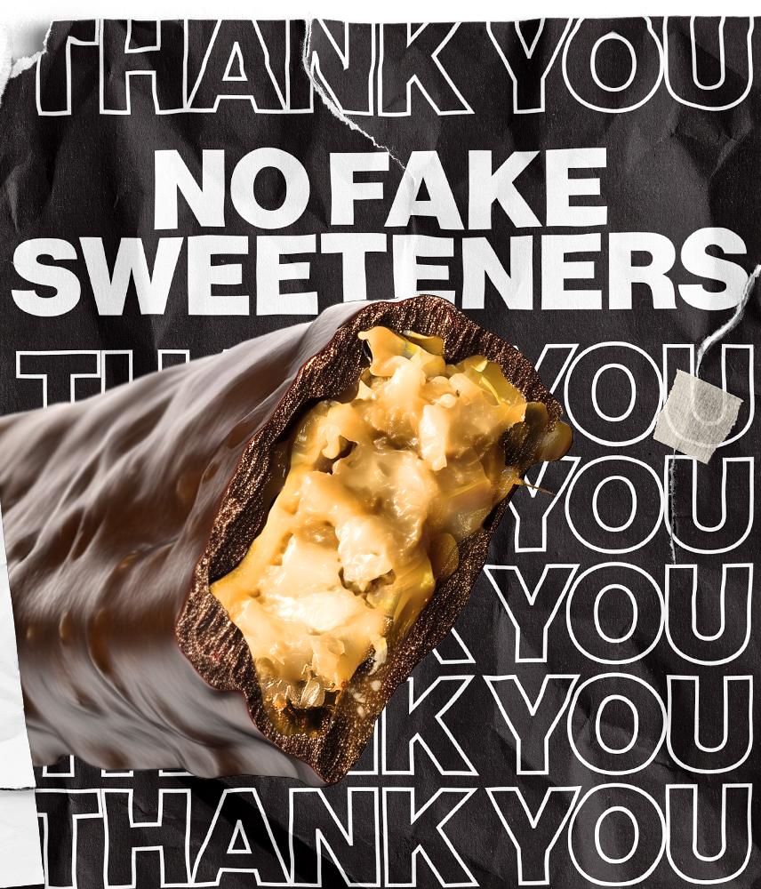 Crispy Coconut candy bar with 'No Fake Sweeteners' and 'Thank You' text overlay