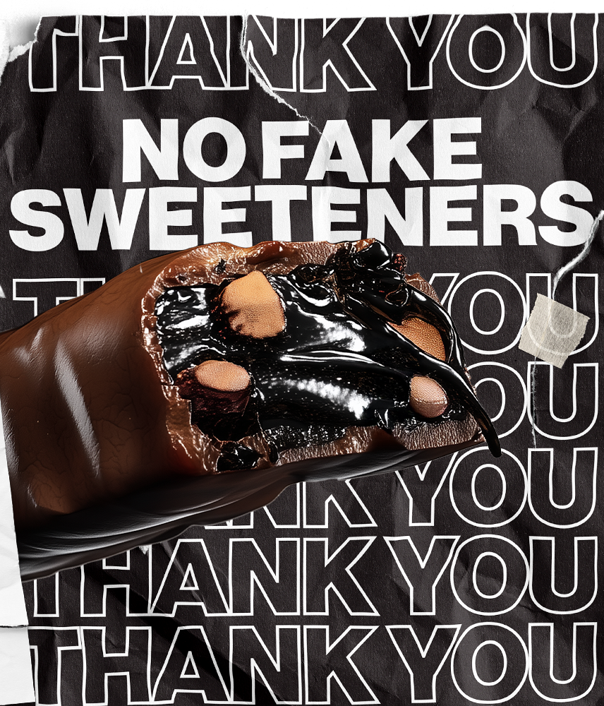 Double Dark Mint candy bar with 'No Fake Sweeteners' and 'Thank You' text overlay