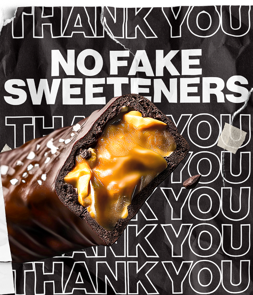 Salted Peanut candy bar with 'No Fake Sweeteners' and 'Thank You' text overlay