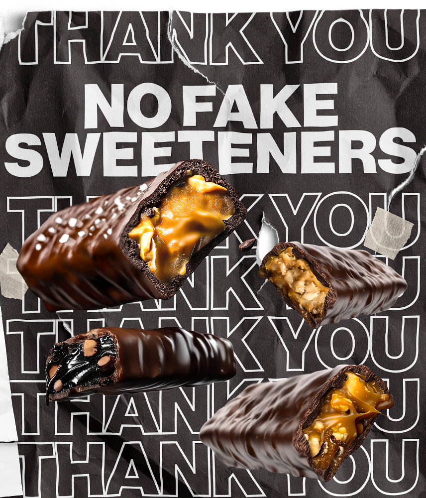 Four half cut chocolate bars with dripping fillings underneath a header: 'NO FAKE SWEETENERS'