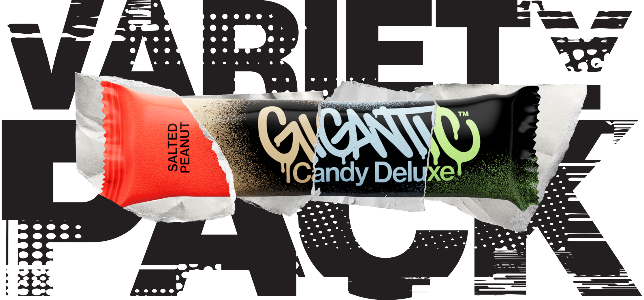 GIGANTIC Candy Deluxe bar with sections from 4 different flavor wrappers, VARIETY PACK graphic behind wrapper