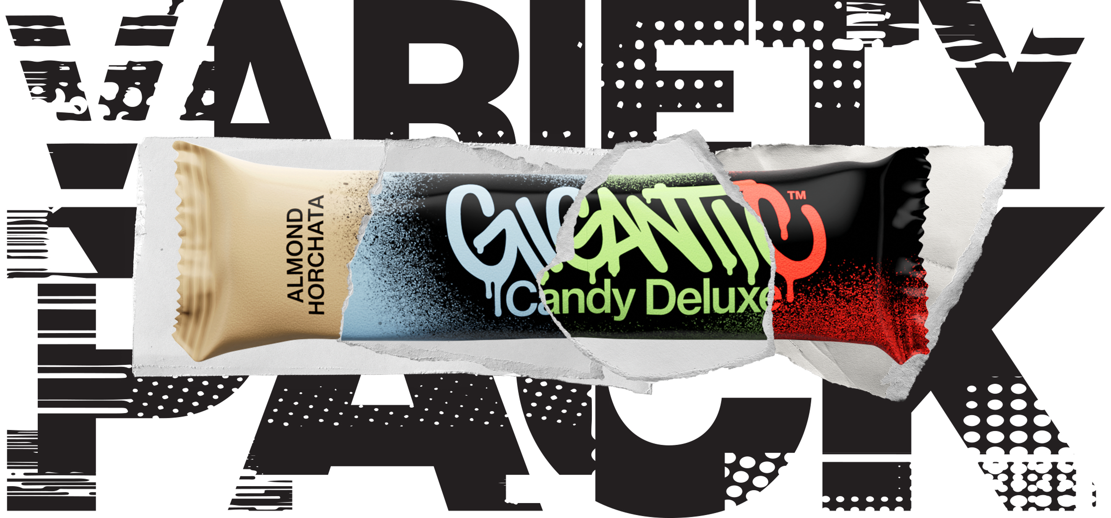 GIGANTIC Candy Deluxe bar with sections from 4 different flavor wrappers, VARIETY PACK graphic behind wrapper