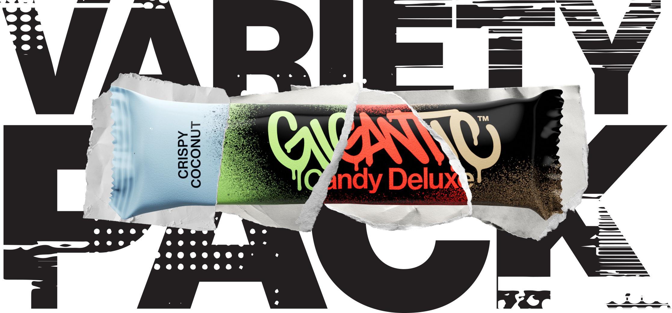 GIGANTIC Candy Deluxe bar with sections from 4 different flavor wrappers, VARIETY PACK graphic behind wrapper