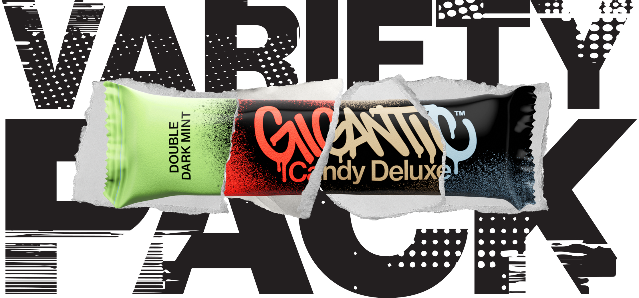 GIGANTIC Candy Deluxe bar with sections from 4 different flavor wrappers, VARIETY PACK graphic behind wrapper