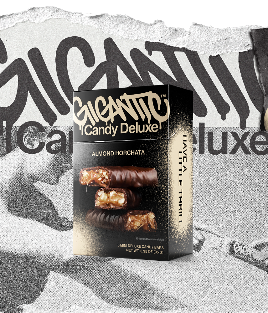 Gigantic Candy Deluxe 5-pack packaging for Almond Horchata flavor with tan and black design on a textured, torn paper background