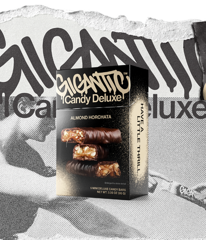 Gigantic Candy Deluxe 5-pack packaging for Almond Horchata flavor with tan and black design on a textured, torn paper background