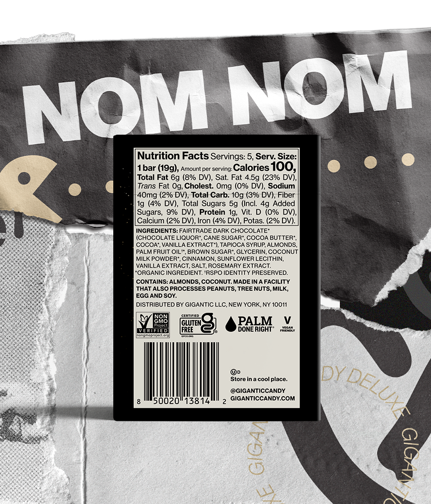 Back panel of Almond Horchata packaging, with nutritional and ingredients label, on a torn paper background