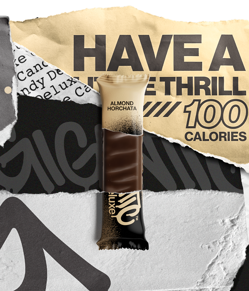 Partially unwrapped Almond Horchata bar with promotional text on a torn paper background