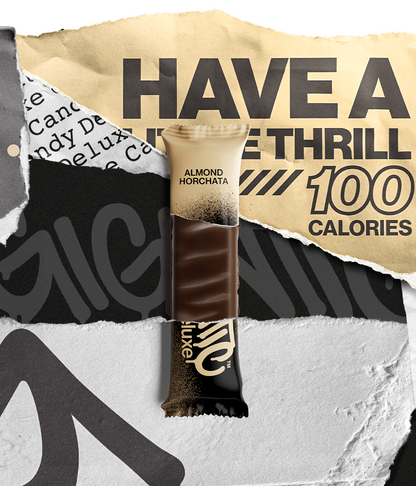 Partially unwrapped Almond Horchata bar with promotional text on a torn paper background