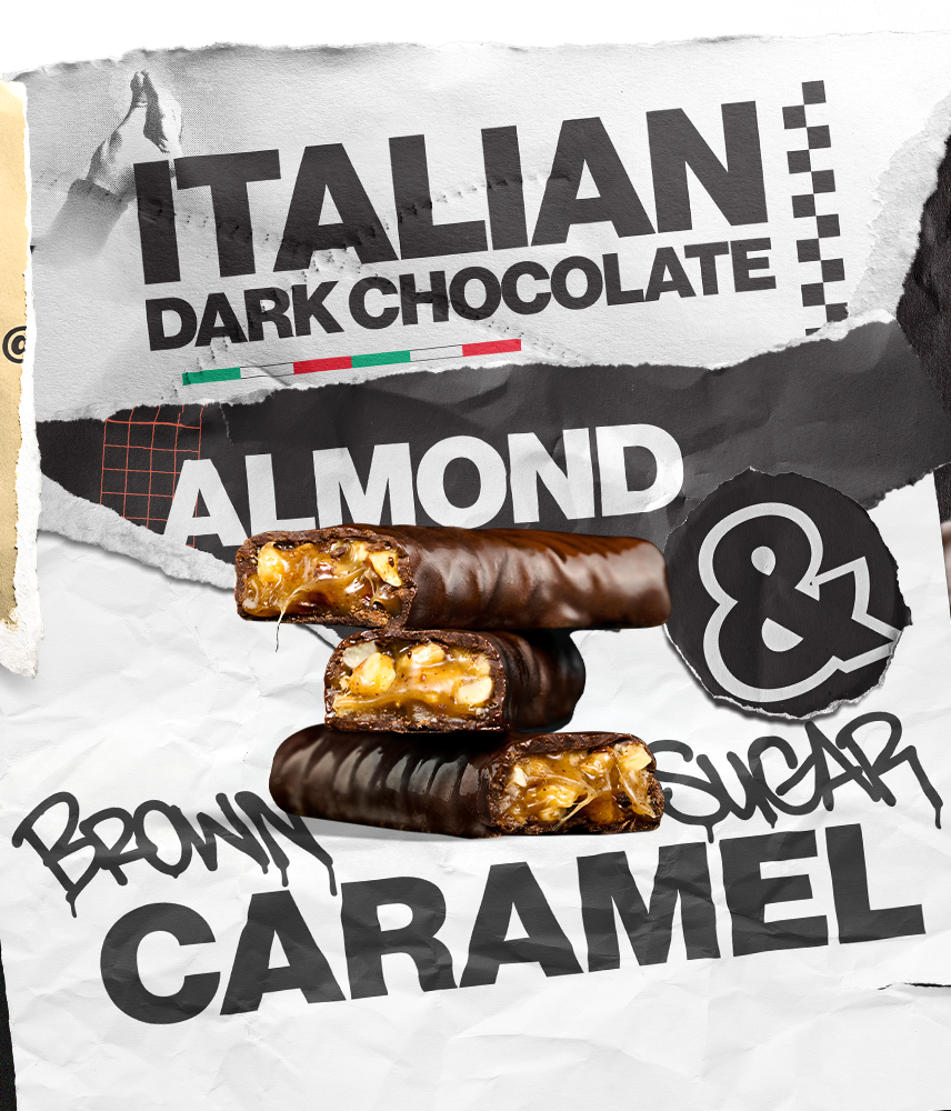 Stack of 3 Almond Horchata candy bars with background text that says: Italian Dark Chocolate & Brown Sugar Caramel