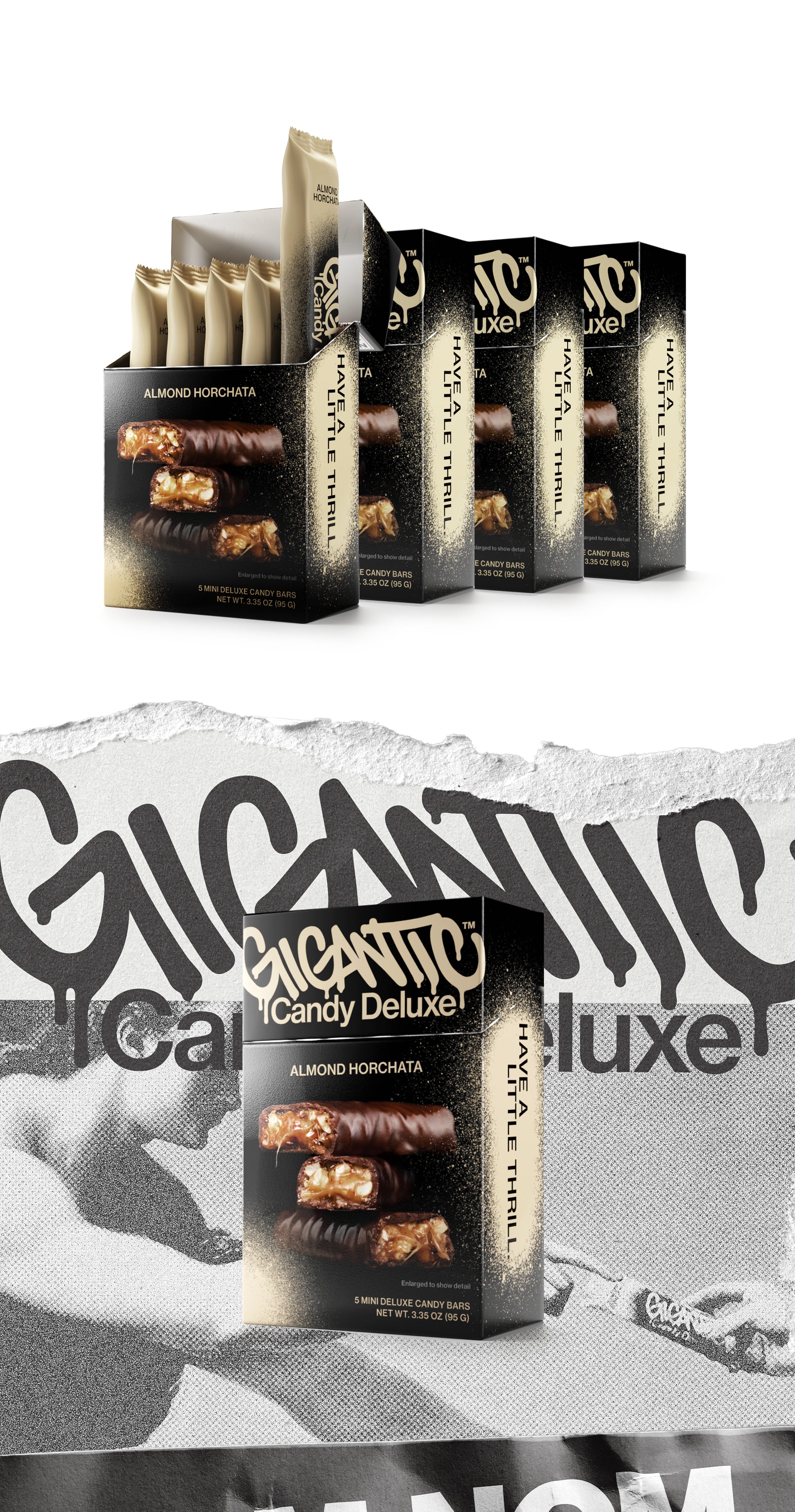 Four cartons of Gigantic Candy Deluxe in Almond Horchata flavor, tan and black colored packaging, with the front carton open to show 5 wrapped mini candy bars inside. Followed by Gigantic Candy Deluxe 5-pack packaging for Almond Horchata flavor with tan and black design on a textured, torn paper background.
