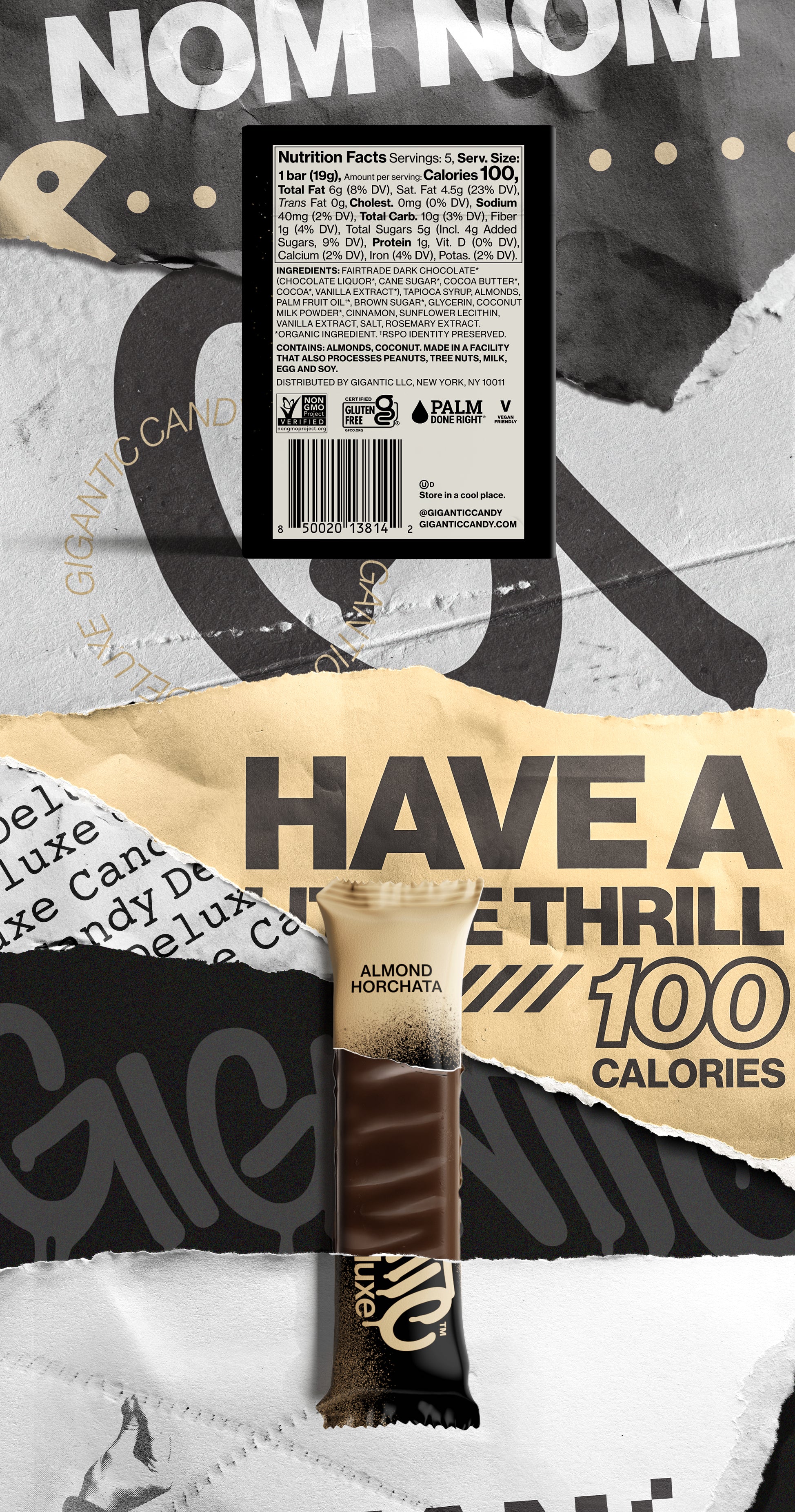 Centered nutrition facts panel above a partially unwrapped Almond Horchata bar on torn-paper collage with bold 'HAVE A LITTLE THRILL' and '100 CALORIES' text.