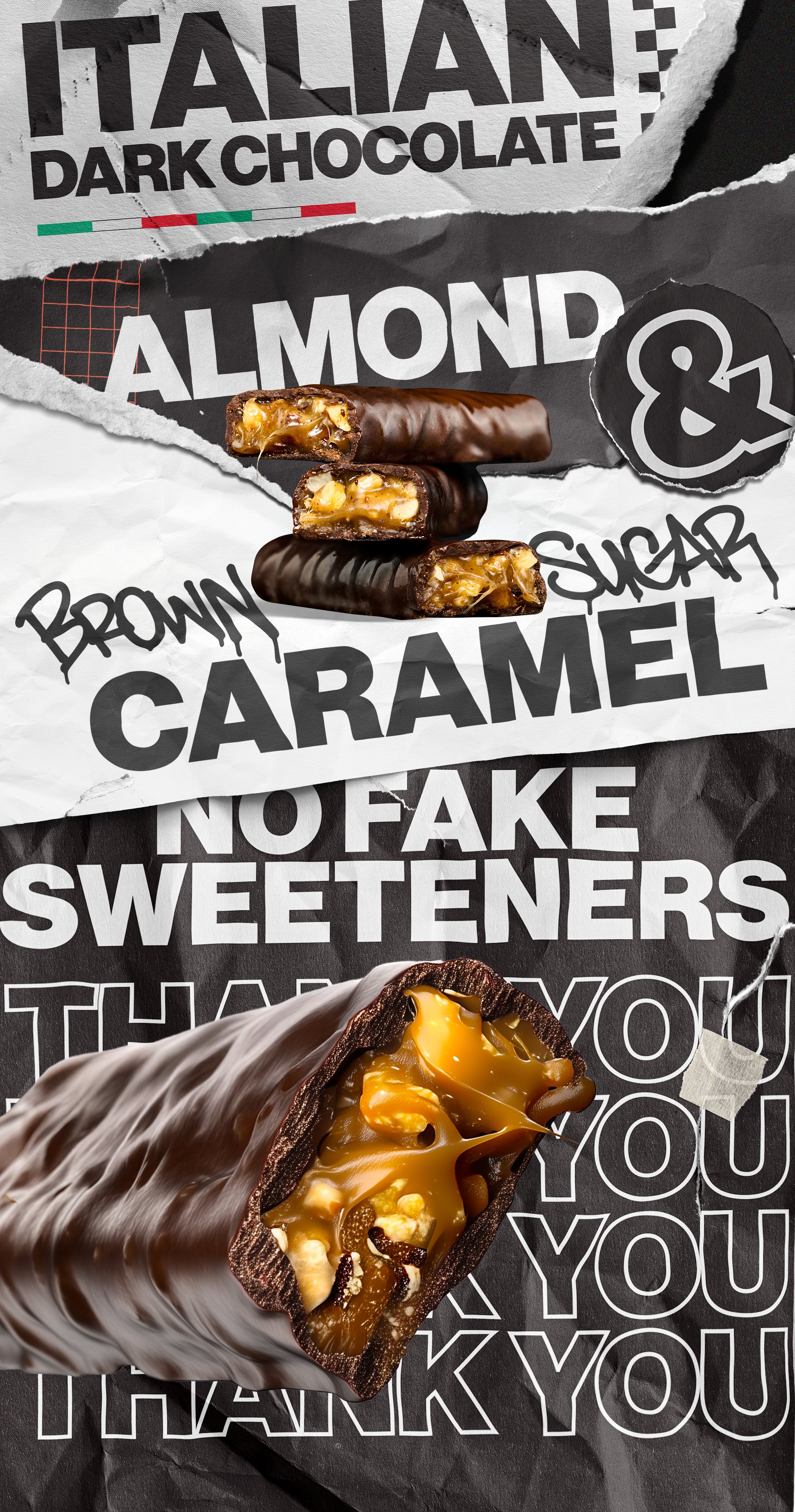 Stack of 3 Almond Horchata candy bars with background text that says: Italian Dark Chocolate & Brown Sugar Caramel. Followed by Almond Horchata candy bar with 'No Fake Sweeteners' and 'Thank You' text overlay.
