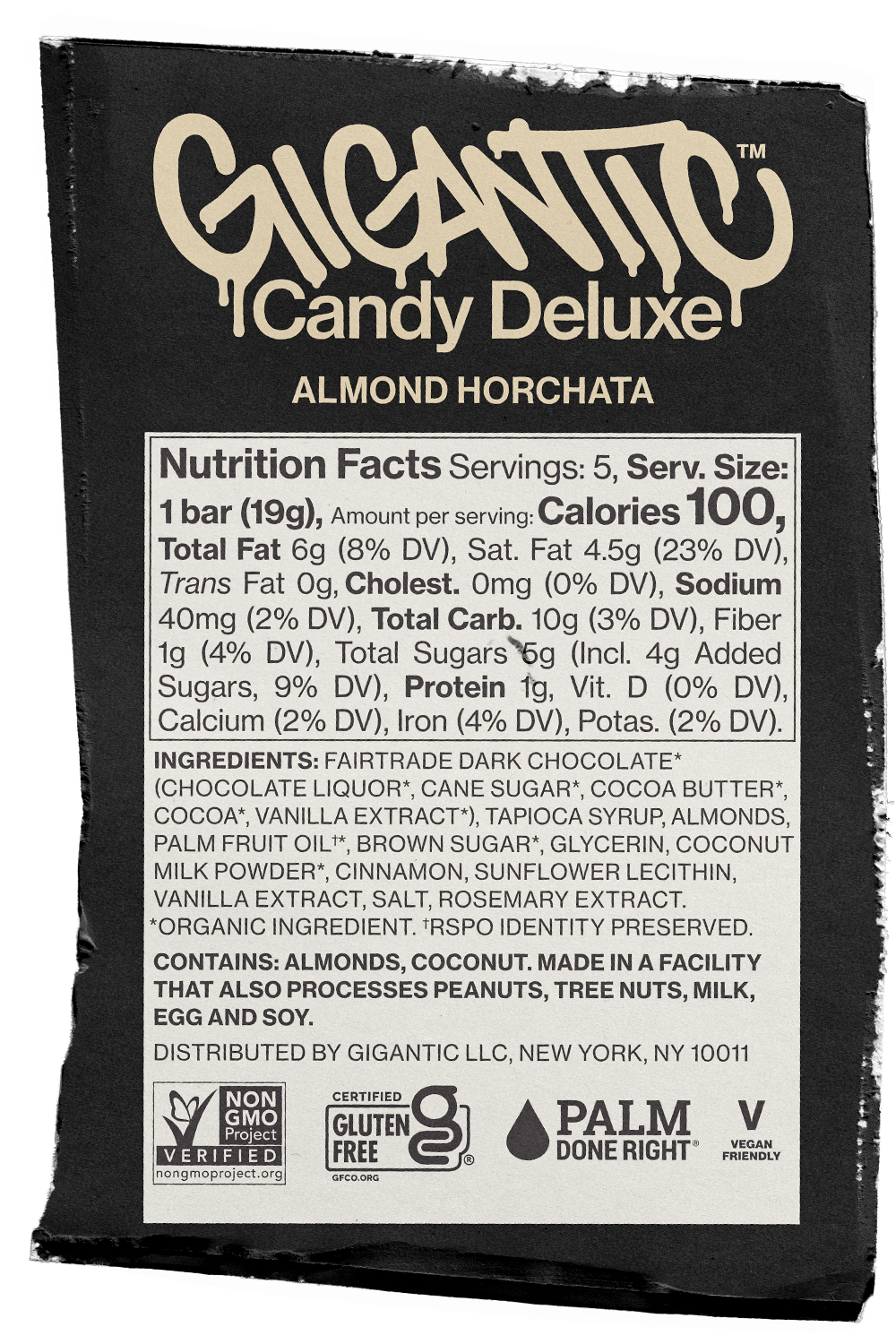 Nutrition facts label and ingredients list for Gigantic Almond Horchata candy bar on a black background.