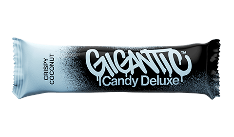 Gigantic Candy Crispy Coconut Deluxe bar in  black and light-blue wrapper.