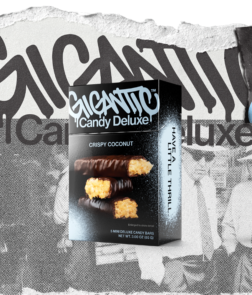 Gigantic Candy Deluxe 5-pack packaging for Crispy Coconut flavor with light blue and black design on a textured, torn paper background