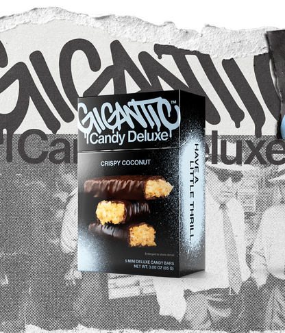 Gigantic Candy Deluxe 5-pack packaging for Crispy Coconut flavor with light blue and black design on a textured, torn paper background