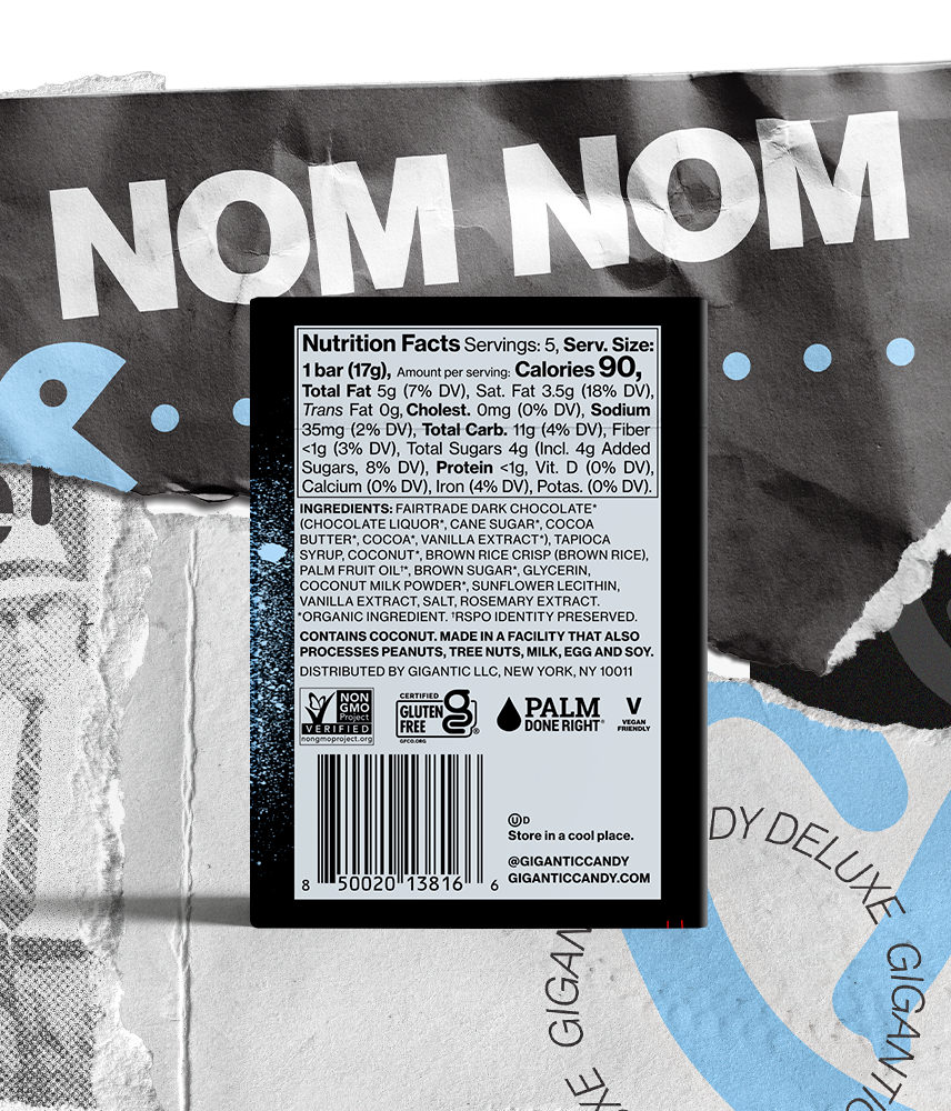 Back panel of Crispy Coconut packaging on a torn paper background