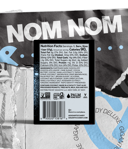 Back panel of Crispy Coconut packaging on a torn paper background