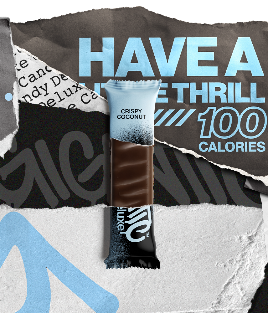 Partially unwrapped Crispy Coconut bar with promotional text on a torn paper background