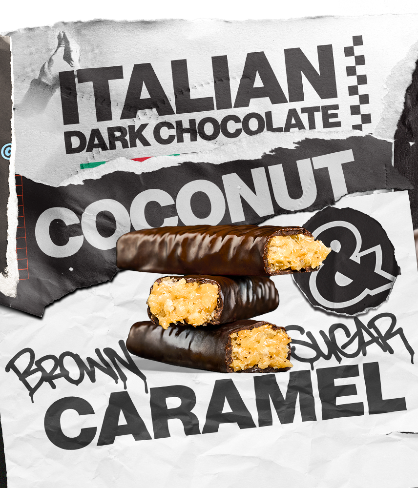 Stack of 3 Crispy Coconut candy bars with background text that says: Italian Dark Chocolate & Brown Sugar Caramel
