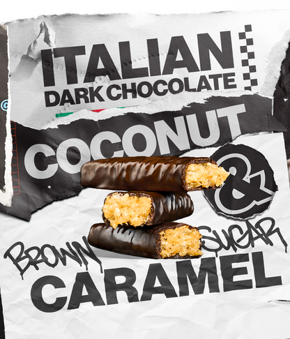 Stack of 3 Crispy Coconut candy bars with background text that says: Italian Dark Chocolate & Brown Sugar Caramel