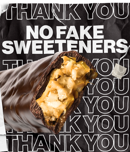 Crispy Coconut candy bar with 'No Fake Sweeteners' and 'Thank You' text overlay
