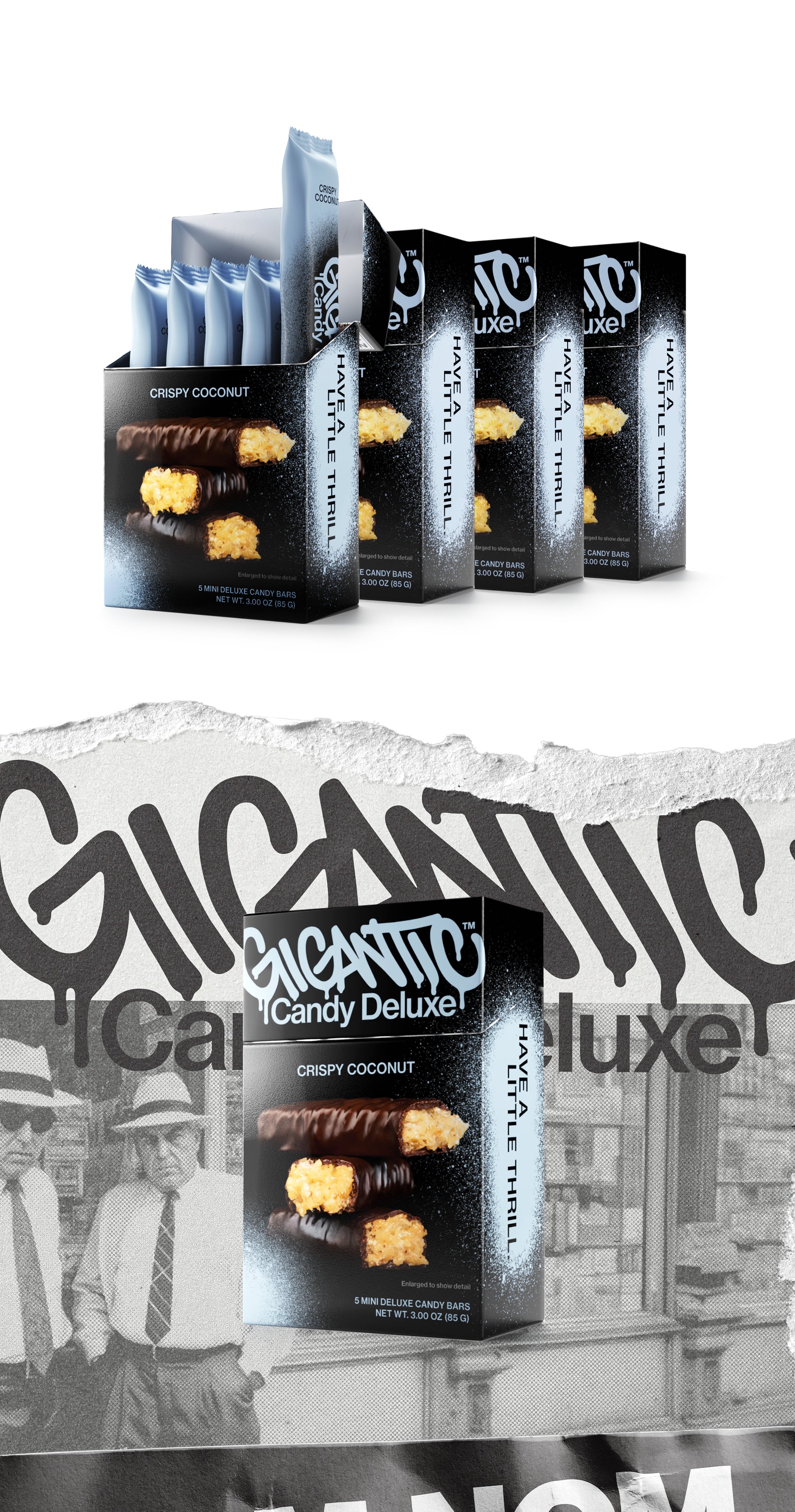 Four cartons of Gigantic Candy Deluxe in Crispy Coconut flavor, light blue and black colored packaging, with the front carton open to show 5 wrapped mini candy bars inside. Followed by Gigantic Candy Deluxe 5-pack packaging for Crispy Coconut flavor with light blue and black design on a textured, torn paper background.