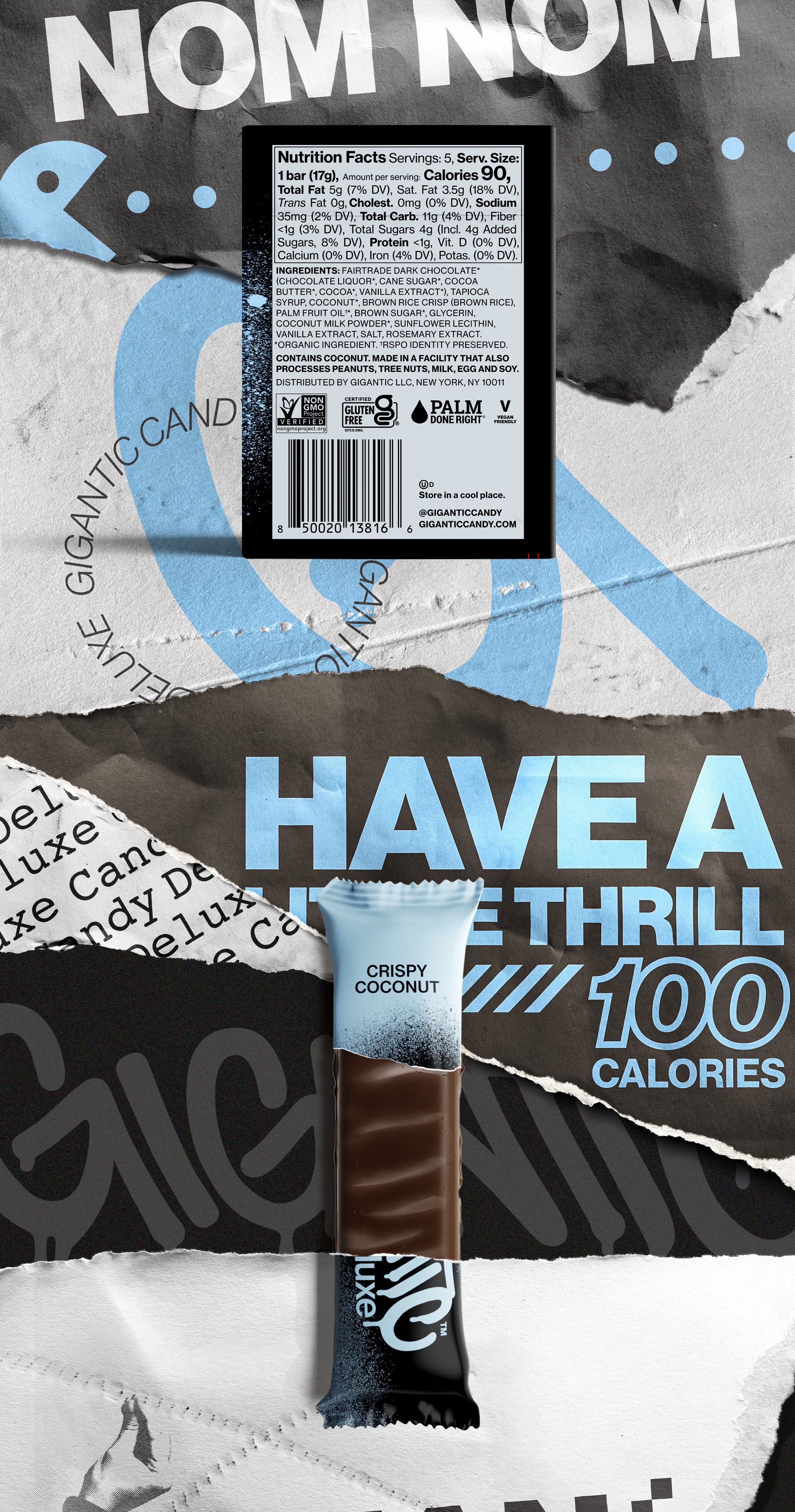 Back panel of Crispy Coconut packaging on a torn paper background. Followed by a partially unwrapped Crispy Coconut bar with promotional text on a torn paper background.