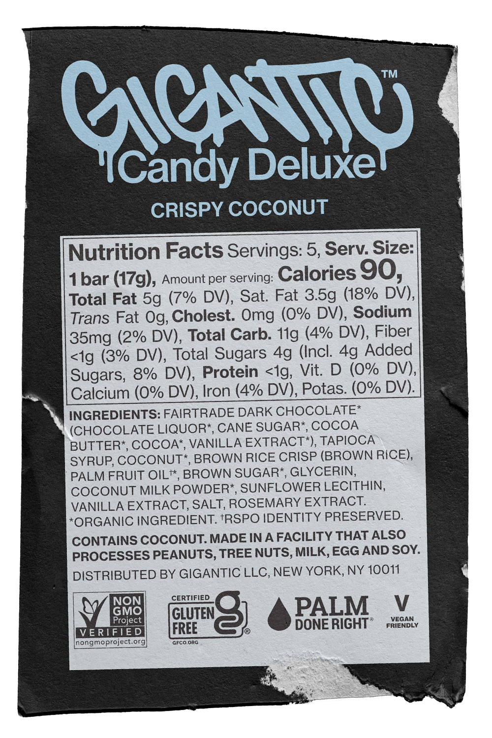 Gigantic Candy Deluxe Crispy Coconut packaging with nutrition facts and ingredient list.