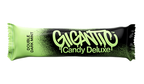 Gigantic Candy Double Dark Mint Deluxe bar in black and green wrapper.