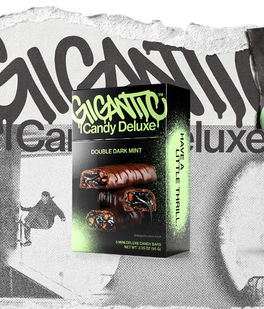 Gigantic Candy Deluxe 5-pack packaging for Double Dark Mint flavor with green and black design on a textured, torn paper background