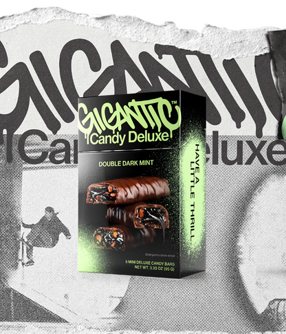 Gigantic Candy Deluxe 5-pack packaging for Double Dark Mint flavor with green and black design on a textured, torn paper background