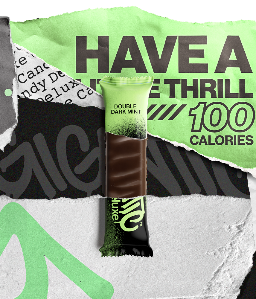 Partially unwrapped Double Dark Mint bar with promotional text on a torn paper background