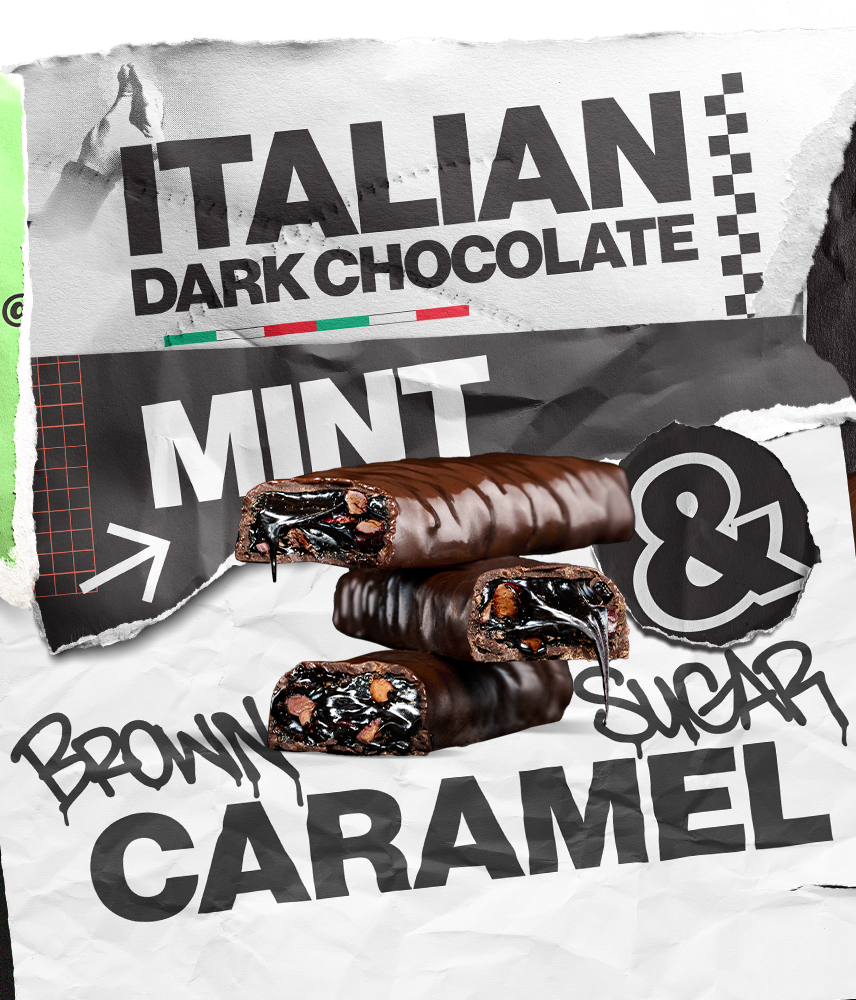 Stack of 3 Double Dark Mint candy bars with background text that says: Italian Dark Chocolate & Brown Sugar Caramel