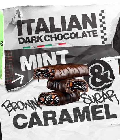 Stack of 3 Double Dark Mint candy bars with background text that says: Italian Dark Chocolate & Brown Sugar Caramel
