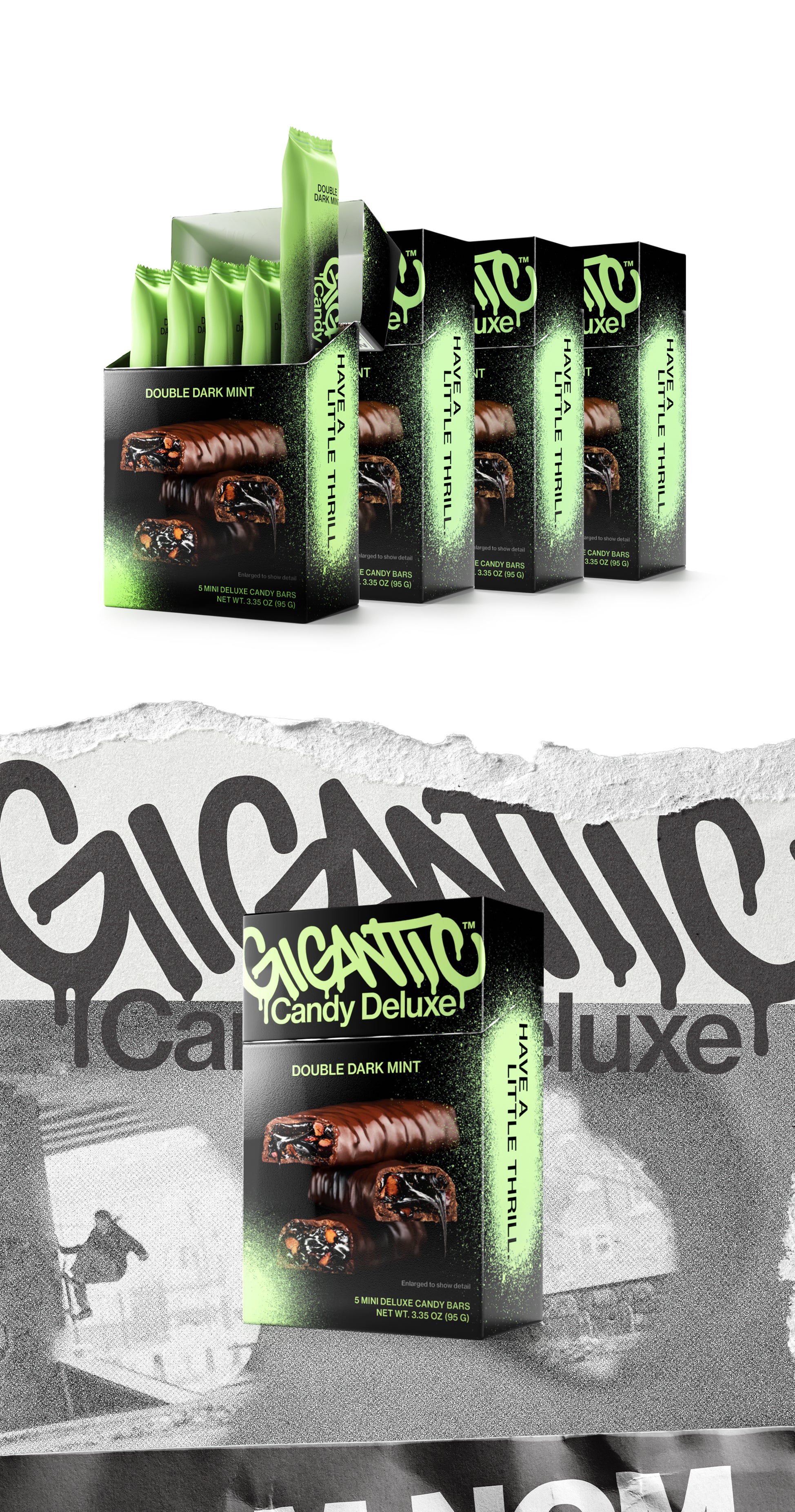 Four cartons of Gigantic Candy Deluxe in Double Dark Mint flavor, green and black colored packaging, with the front carton open to show 5 wrapped mini candy bars inside. Followed by Gigantic Candy Deluxe 5-pack packaging for Double Dark Mint flavor with green and black design on a textured, torn paper background.