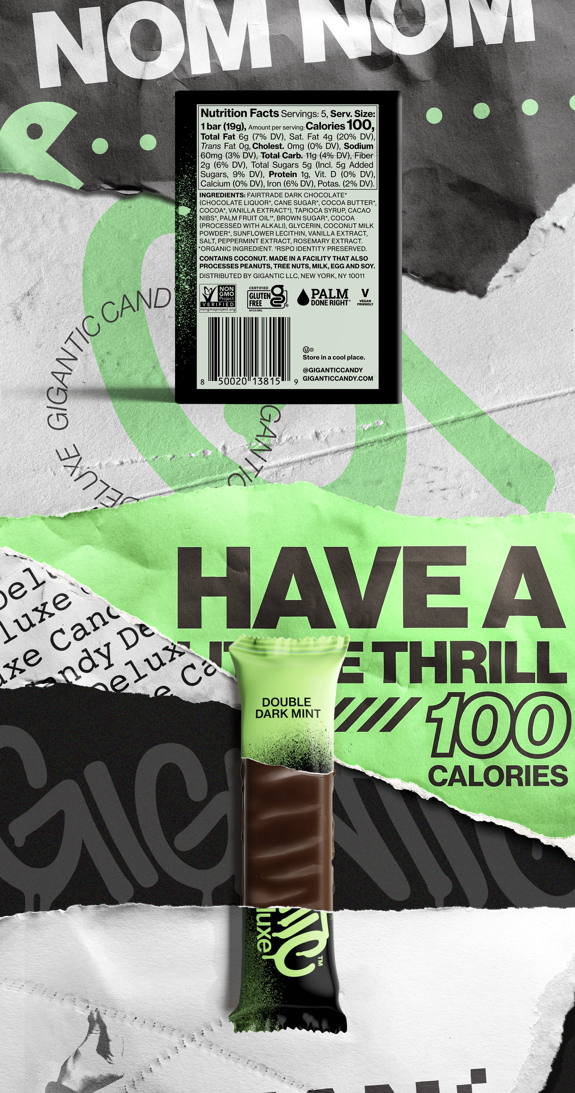 Back panel of Double Dark Mint packaging on a torn paper background. Followed by a partially unwrapped Double Dark Mint bar with promotional text on a torn paper background.
