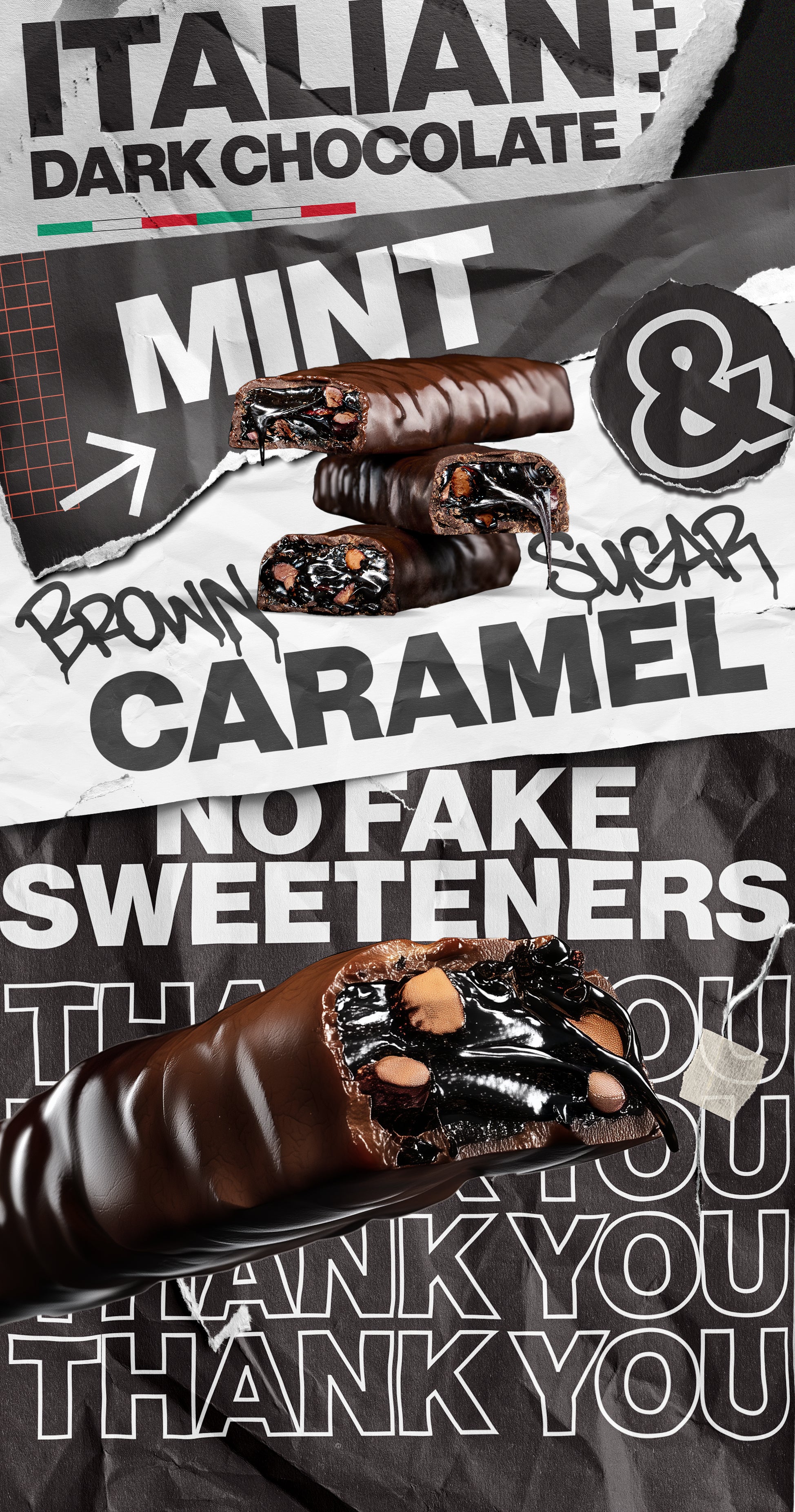Stacked mint candy bars; background reads ITALIAN DARK CHOCOLATE, MINT & BROWN SUGAR CARAMEL,NO FAKE SWEETENERS, THANK YOU