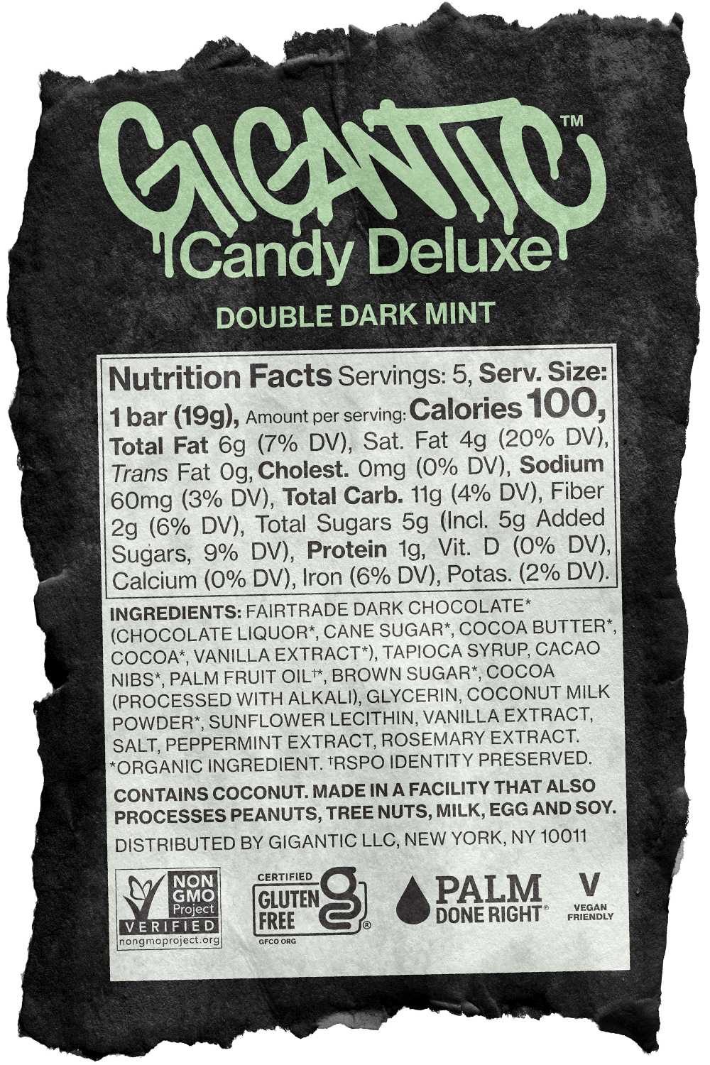 Nutrition facts label for Gigantic Candy Deluxe Double Dark Mint on a black background