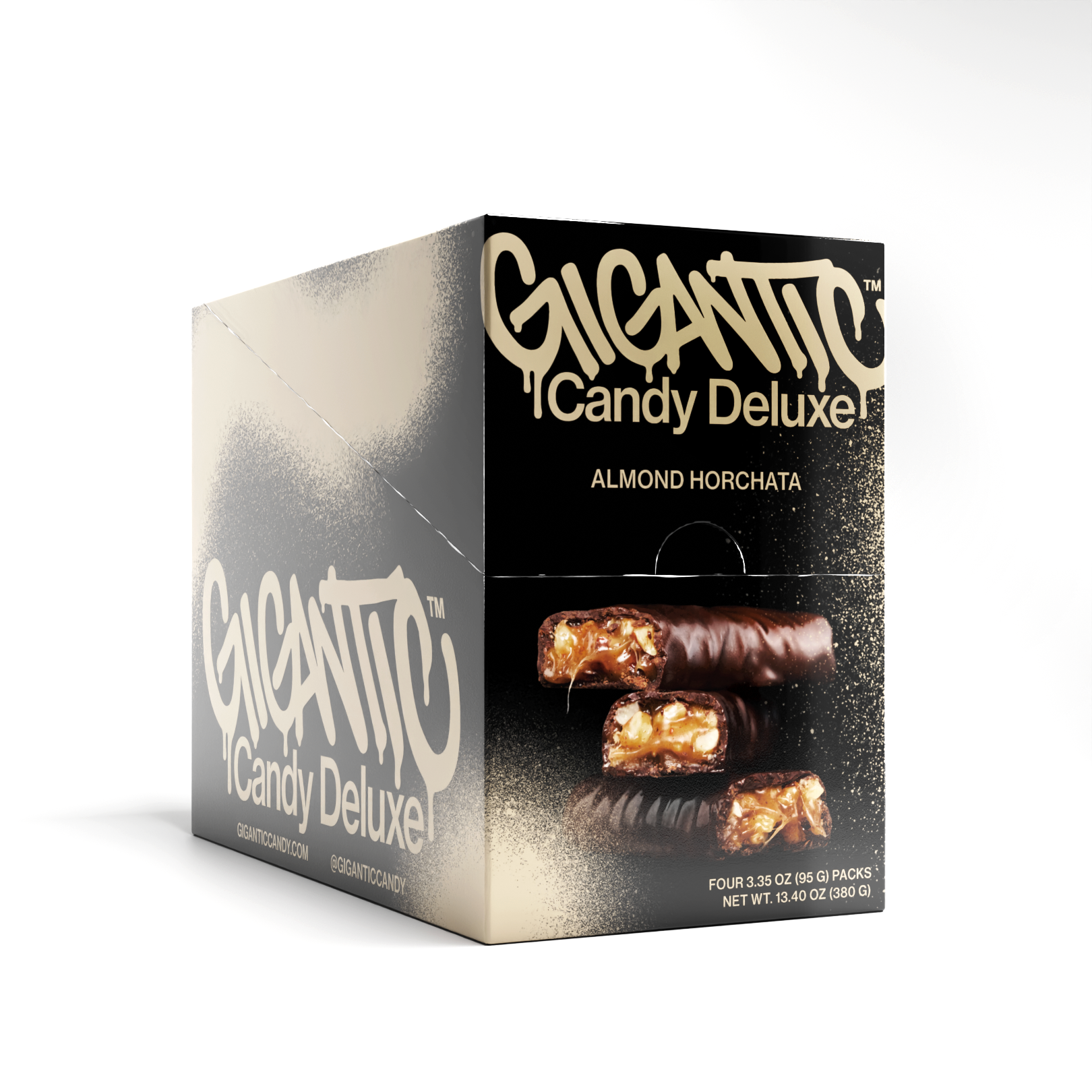 Image of Gigantic Almond Horchata display case in tan and black packaging