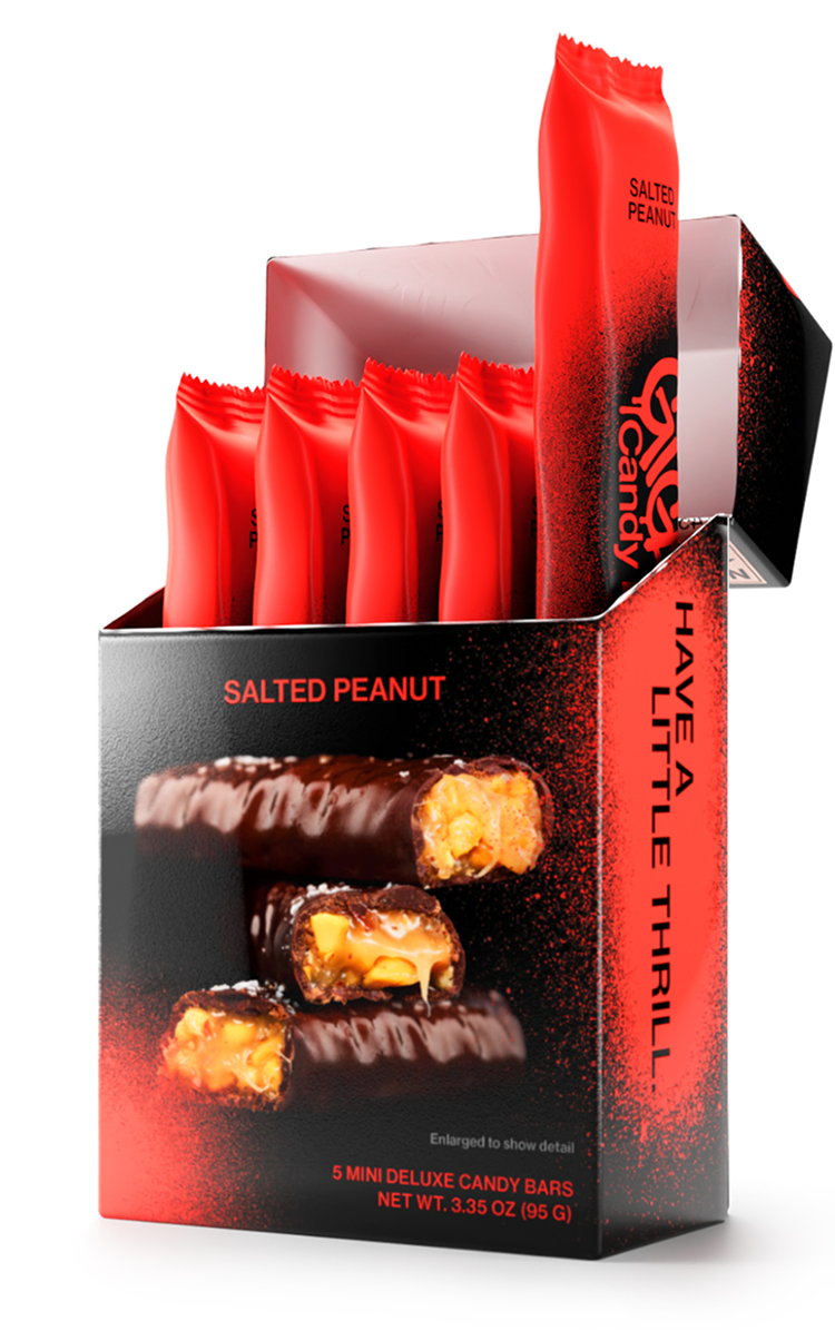 Carton of Gigantic Candy Deluxe in Salted Peanut flavor, red and black packaging, open to display 5 wrapped bars inside with red wrappers.
