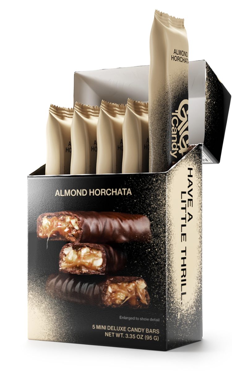Carton of Gigantic Candy Deluxe in Almond Horchata flavor, tan and black packaging, open to display 5 wrapped bars inside with tan wrappers.
