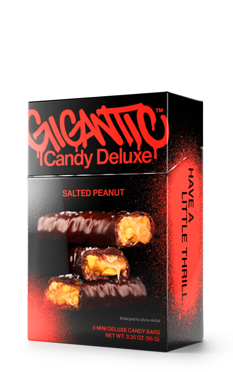 Gigantic Candy Deluxe Salted Peanut carton packaging with red and black design.
