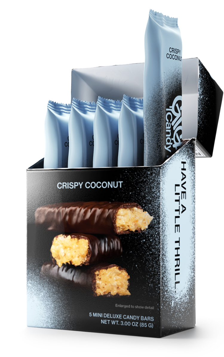 Carton of Gigantic Candy Deluxe in Crispy Coconut flavor, blue and black packaging, open to display 5 wrapped bars inside with blue wrappers.
