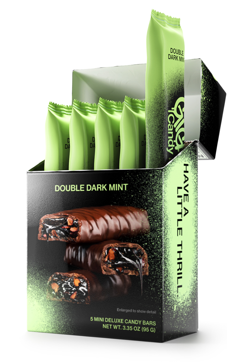 Carton of Gigantic Candy Deluxe in Double Dark Mint flavor, green and black packaging, open to display 5 wrapped bars inside with green wrappers.
