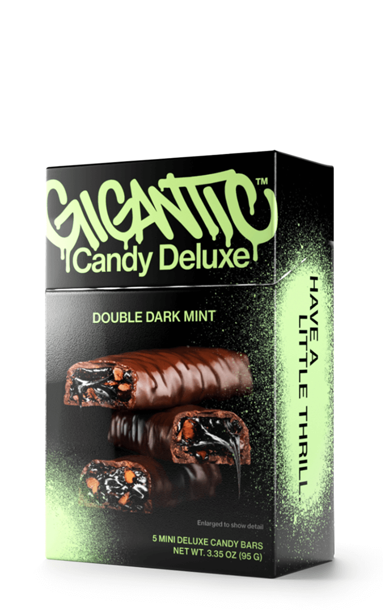 Gigantic Candy Deluxe Double Dark Mint carton packaging with green and black design.