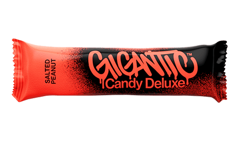 Gigantic Candy Salted Peanut Deluxe bar in red and black wrapper.
