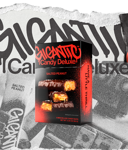 Gigantic Candy Deluxe 5-pack packaging for Salted Peanut flavor with red and black design on a textured, torn paper background